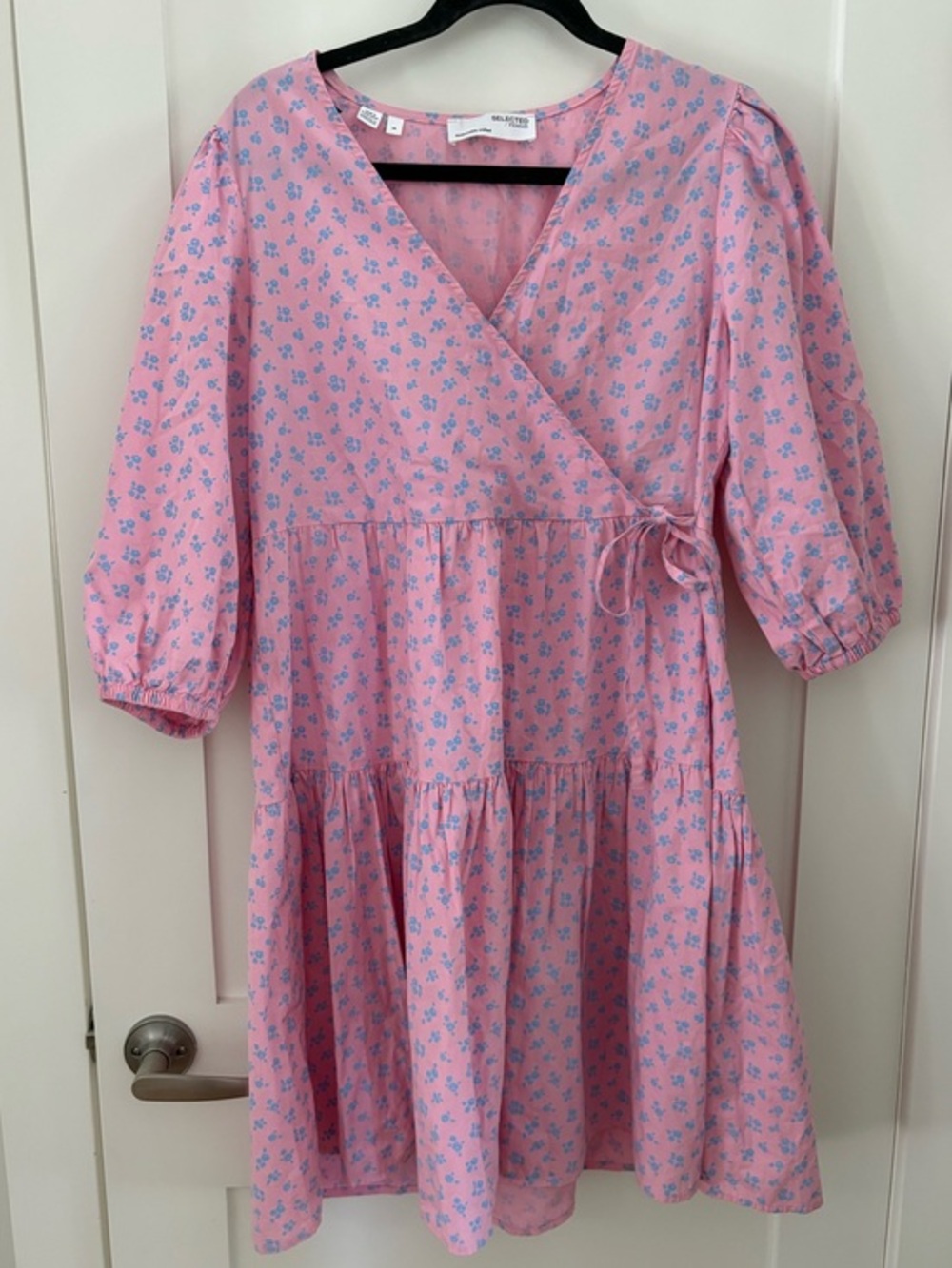Selected Femme Organic Cotton Dress Pink Tiered Floral Babydoll Sz 36 / 4 / S